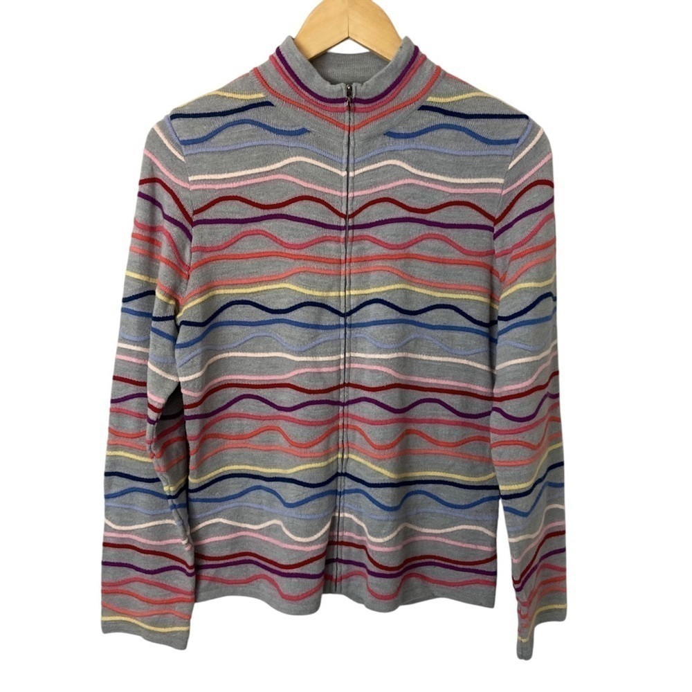 Coldwater Creek Full Zip Cardigan Sweater Wavy Stripes Sz M Artsy Colorful Knit